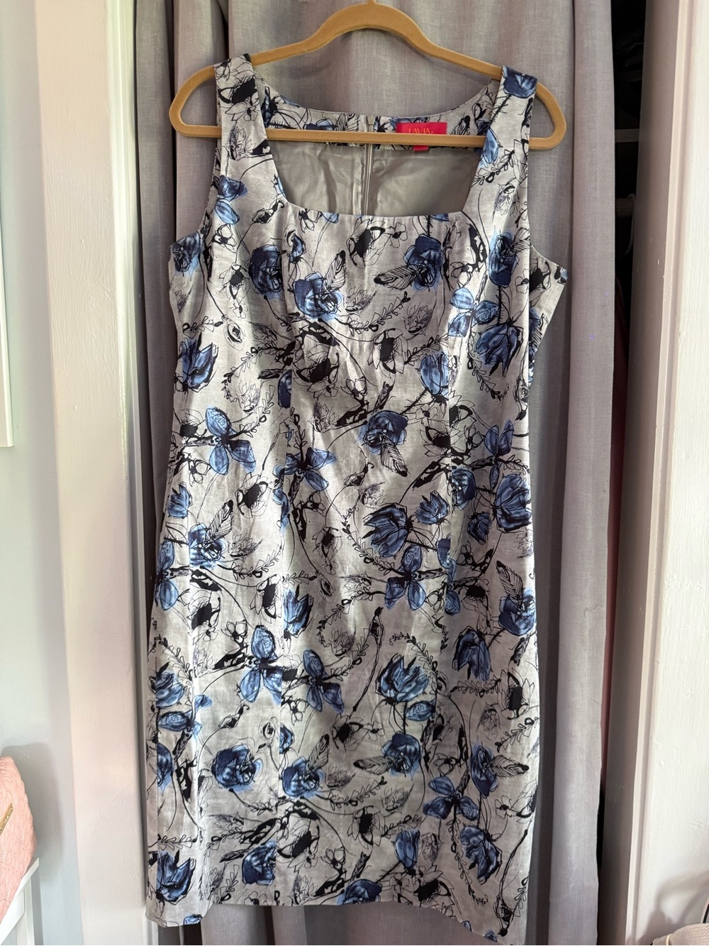 Lavia Sleeveless Shift Dress EU SZ/50 US Size 20 Blue Floral Print Linen Blend